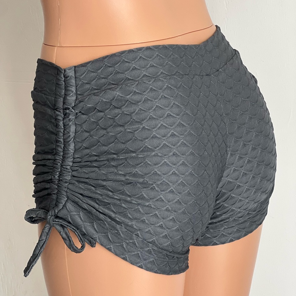 Grey hot yoga low rise shorts side string SXYfitness Made in USA